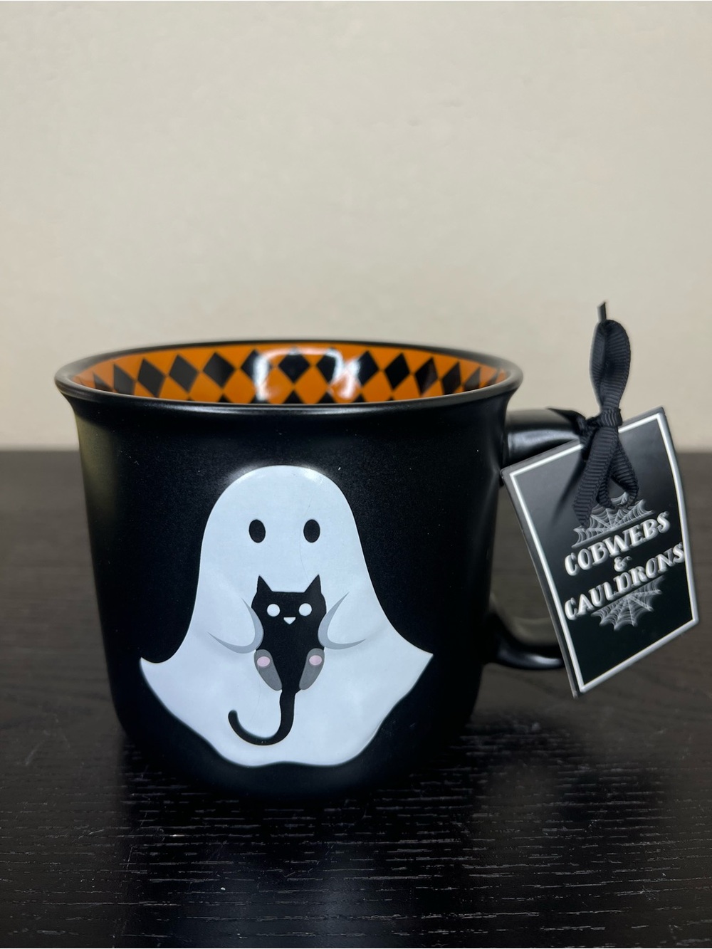 NEW Cobwebs & Cauldrons Ghost Holding Black Cat Mug